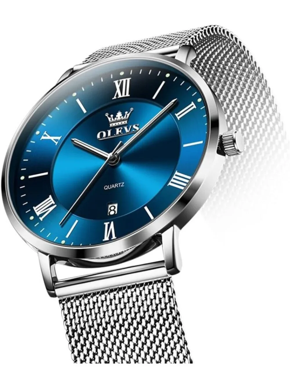 Mens Silver Blue Analog Quartz Mesh Strap Luxury Luminous Waterproof Round Watch